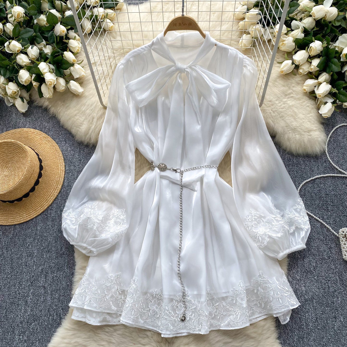 Women's Spring Dress Neckline Bow Lantern Sleeve Lace Stitching Dresses