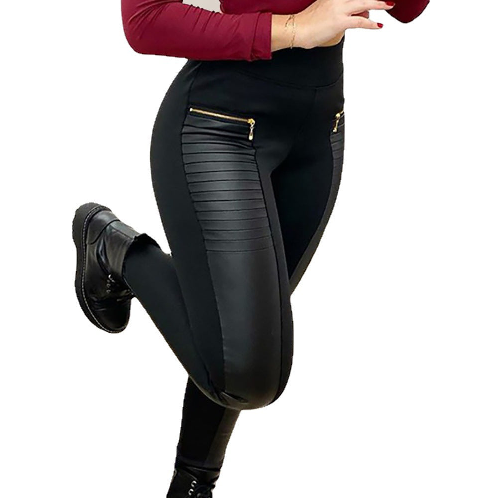 Women's Clothes Casual Black Color Imitation Leather Pants