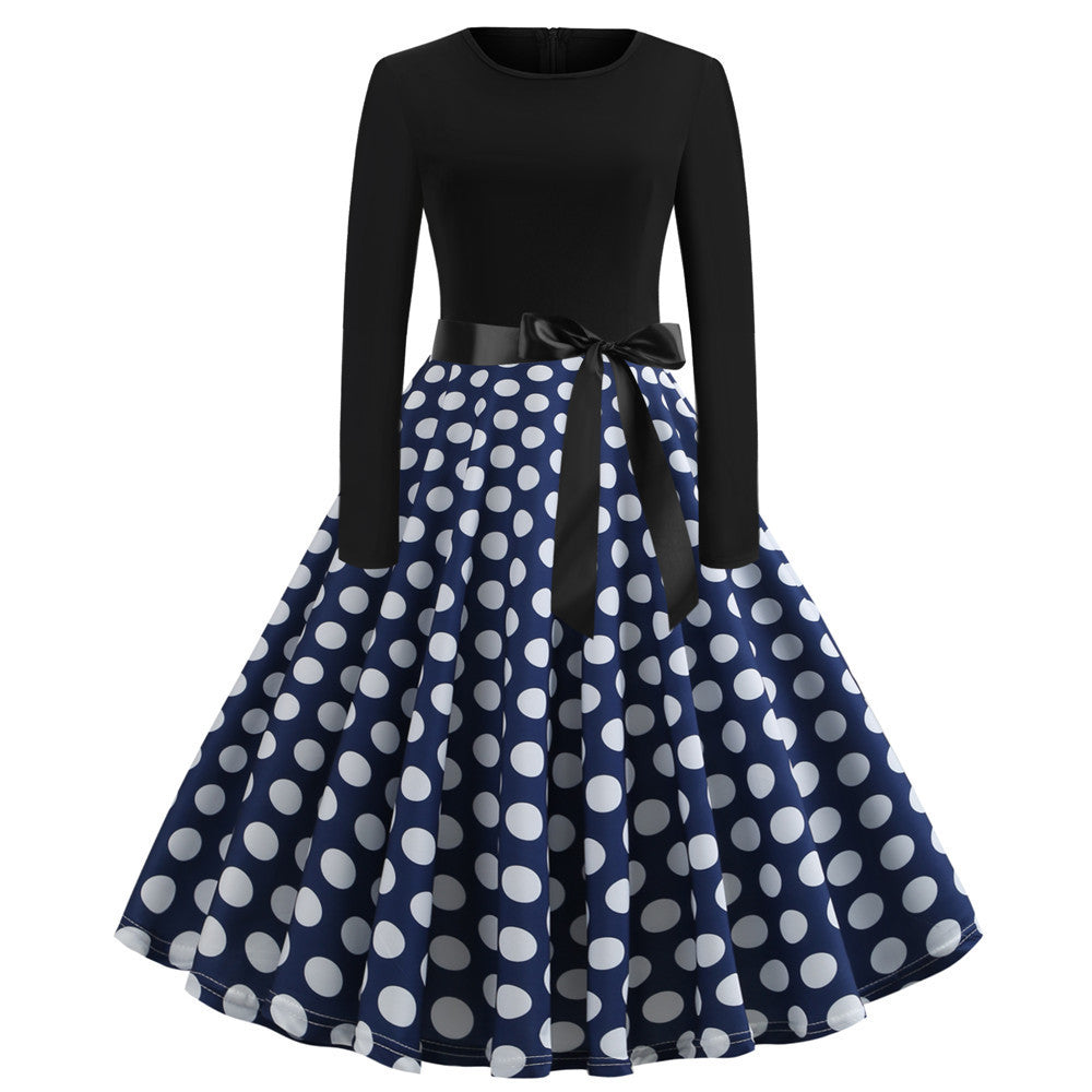 Women's Vintage Printed Long Sleeve Round Neck Sexy Mid-length Dress