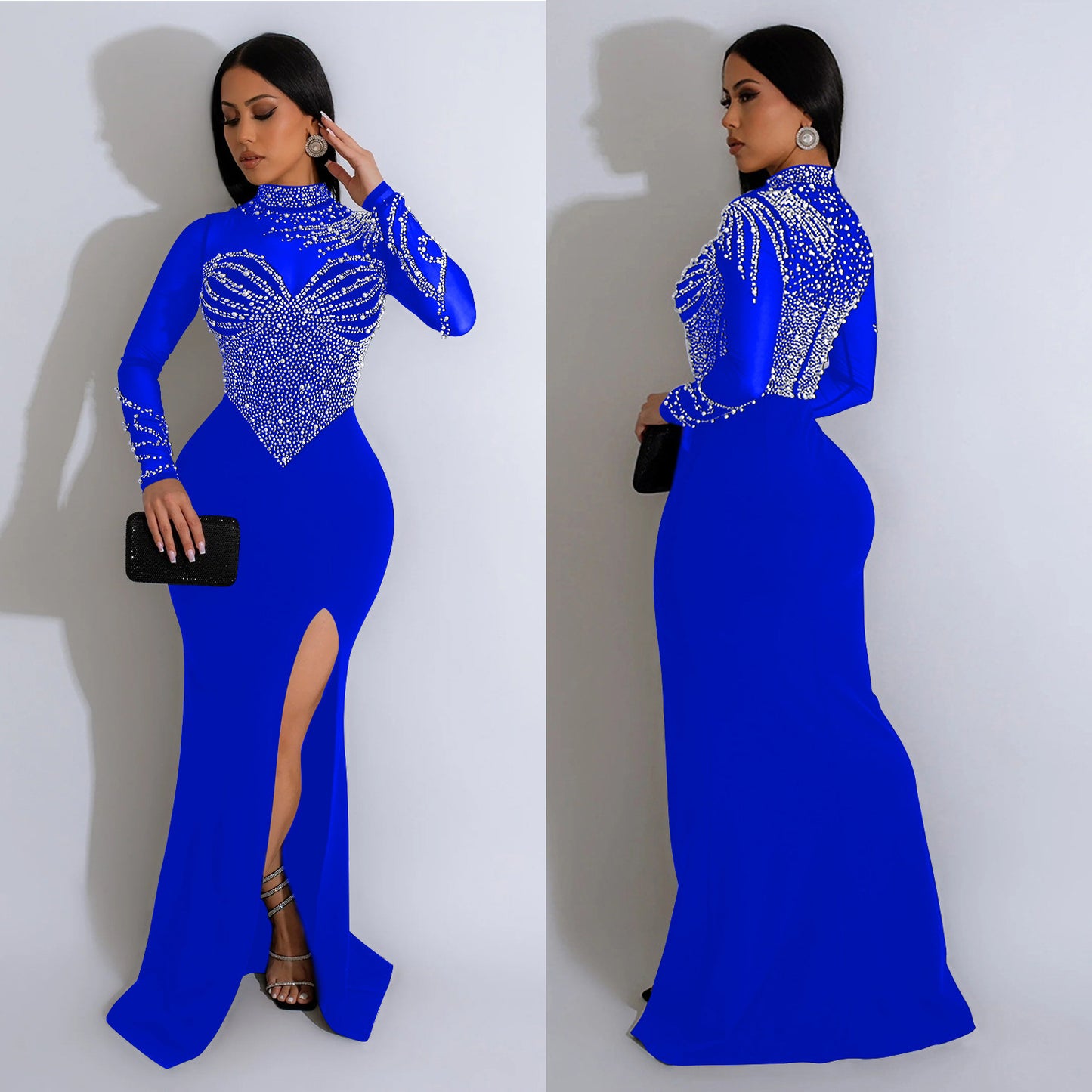 Women's Pure Color Mesh Hot Drilling Split Dresses