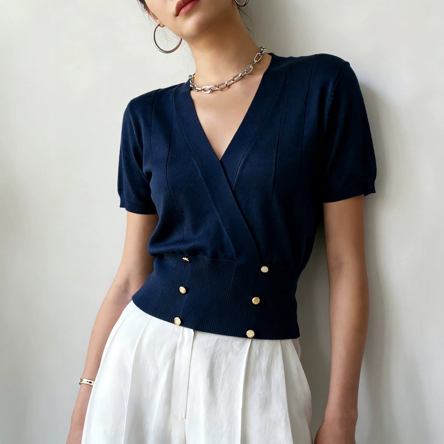 Women's Collar Tight Waist Fake Button Design Women's Sweater