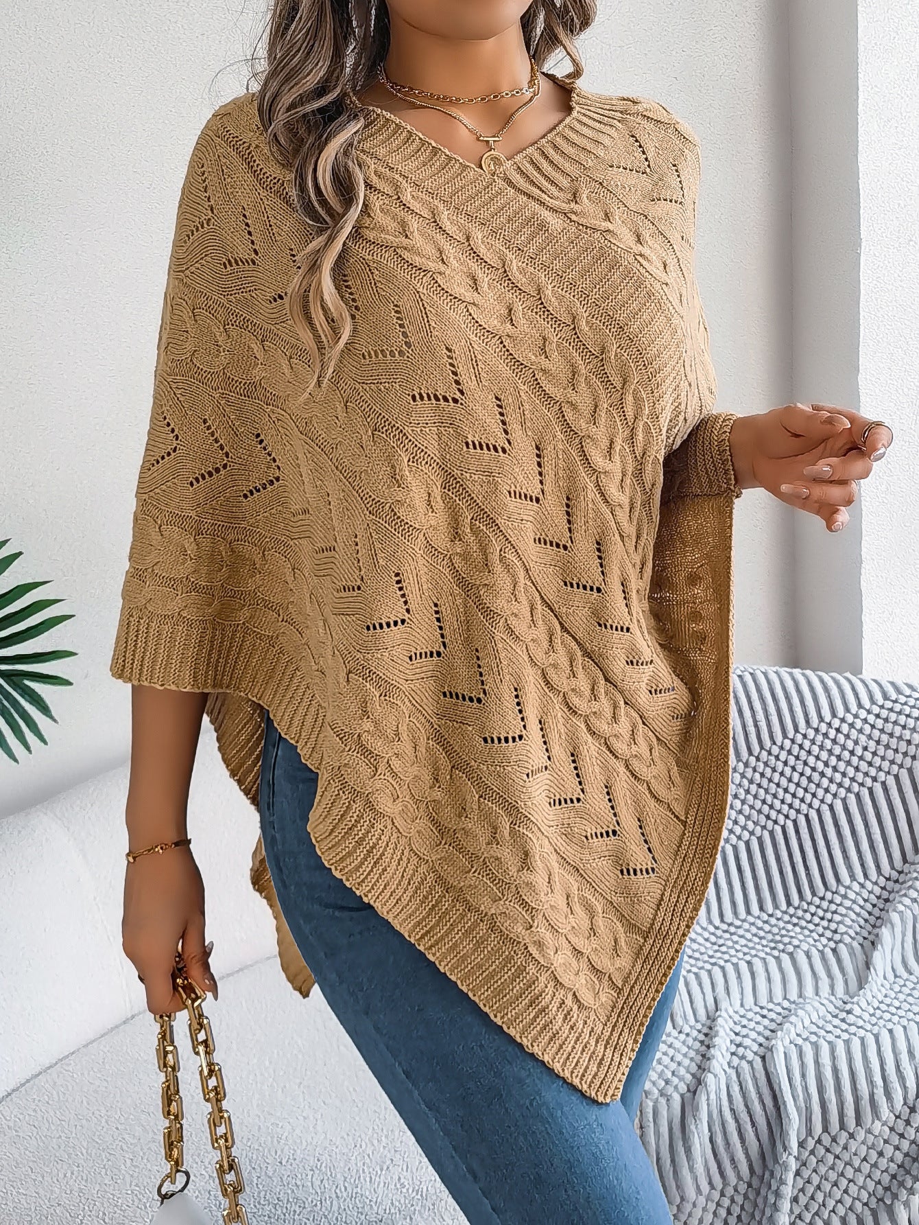 Women's Casual Solid Color Cable Loose-fitting Cloak Sweater