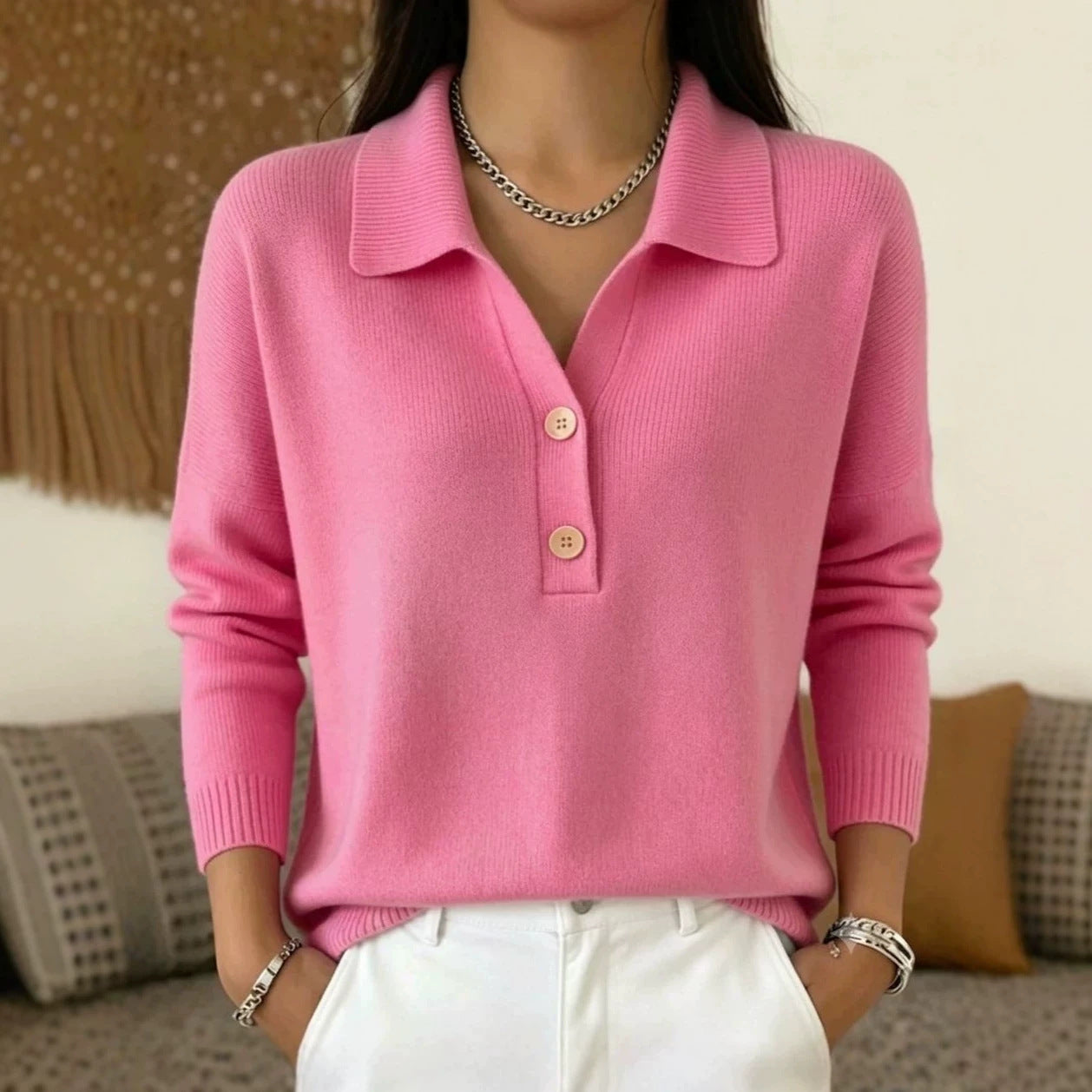 Women's Lapel Half Button Loose Casual Sweaters