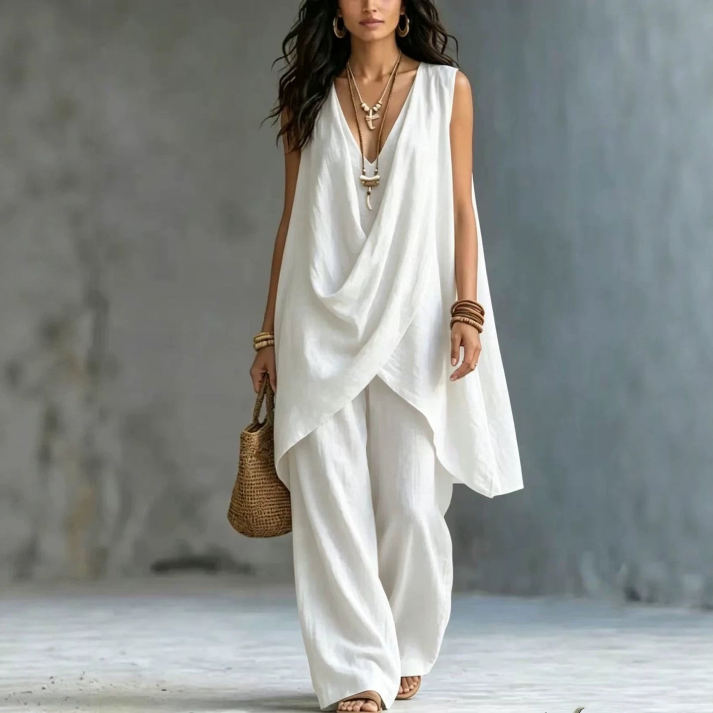 Women's Sleeveless Stand Collar Solid Color Loose Temperament Cotton Fashion Casual Suit