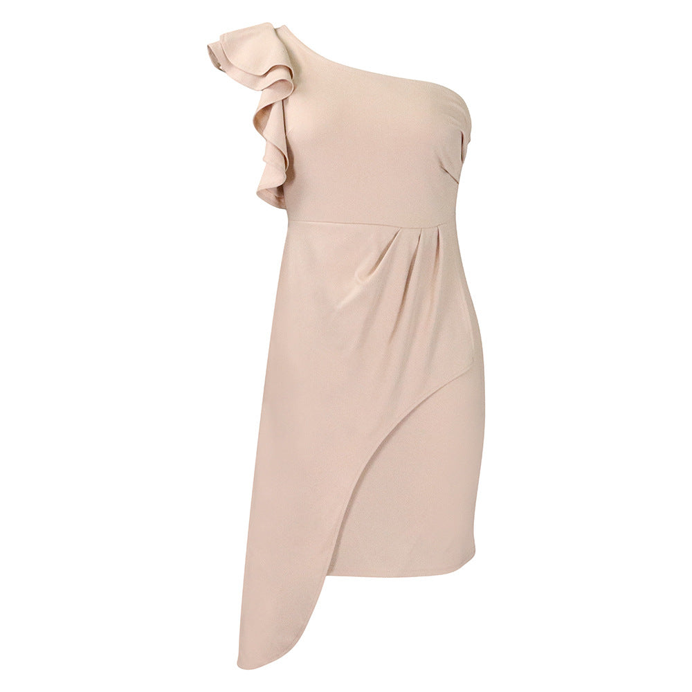 Women's Fashion Diagonal Collar Ruffled Sheath Temperament Ol Pencil Dress