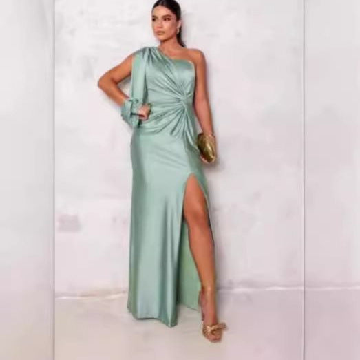 Women's Summer Diagonal Collar Raglan Sleeve Pleated Waist Tight Dresses