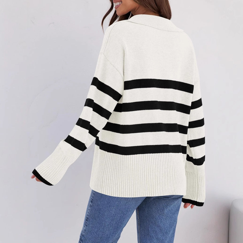 Women's Basic Loose Long Sleeve Outerwear Striped Polo Collar Sweater