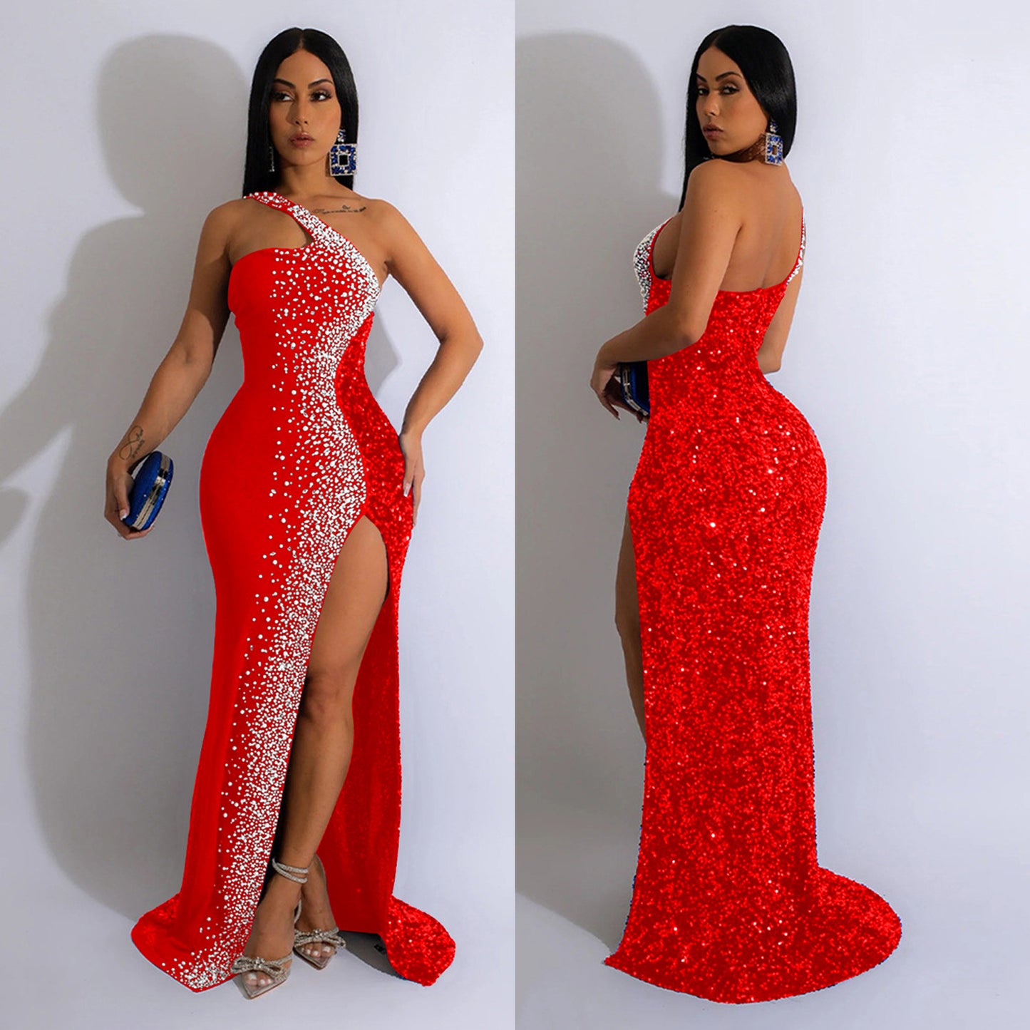 Women's Fashion Wear Solid Color Rhinestone Sequined Dresses