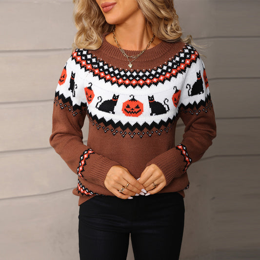 Women's Winter Oversized Knit Christmas Halloween Pumpkin Kitten Sweater