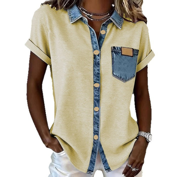 Women's American Retro Contrast Stitching Sleeves Pocket Shorts