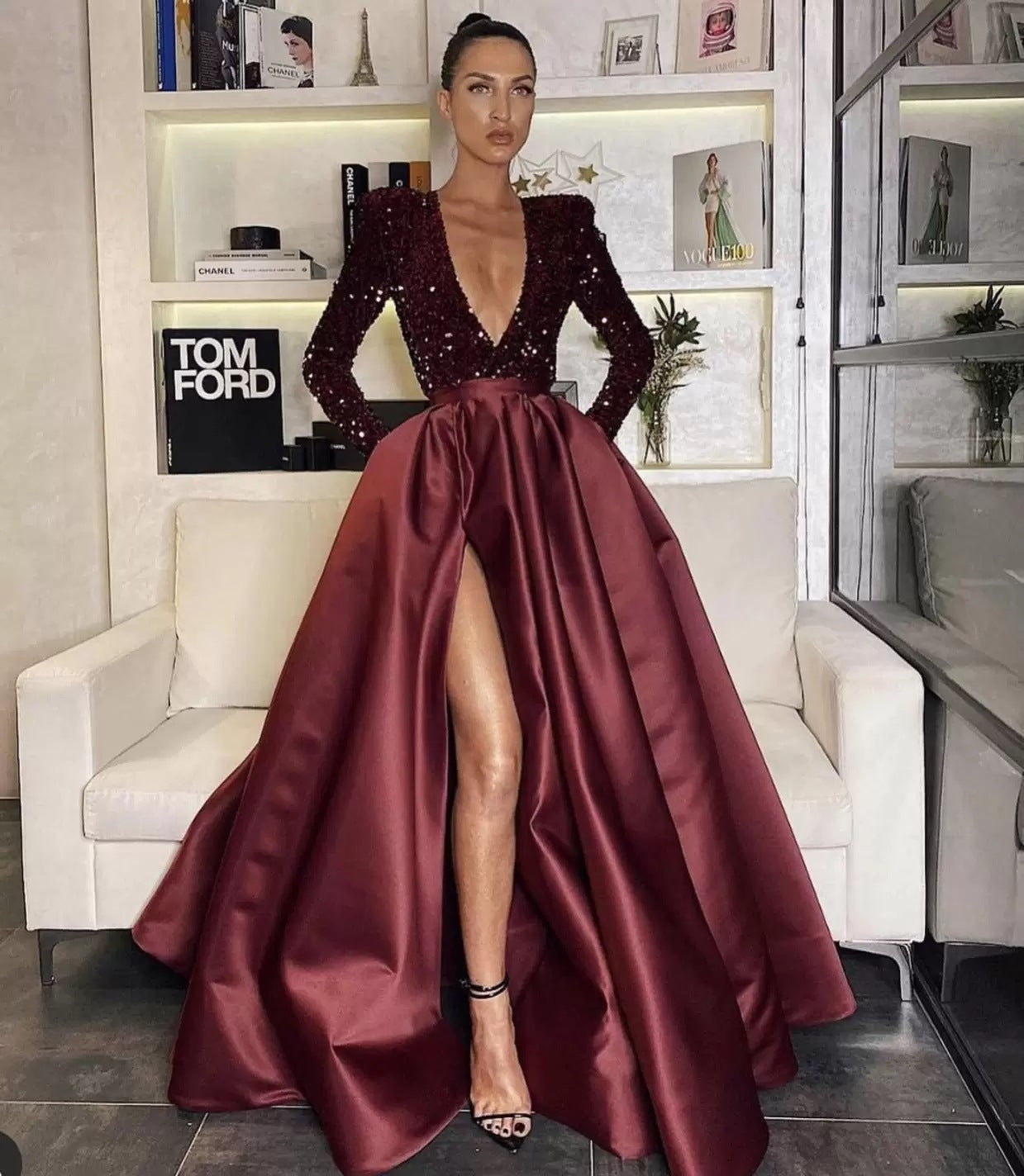 Long Sleeve Sequin Swing Sequined Split Dresses