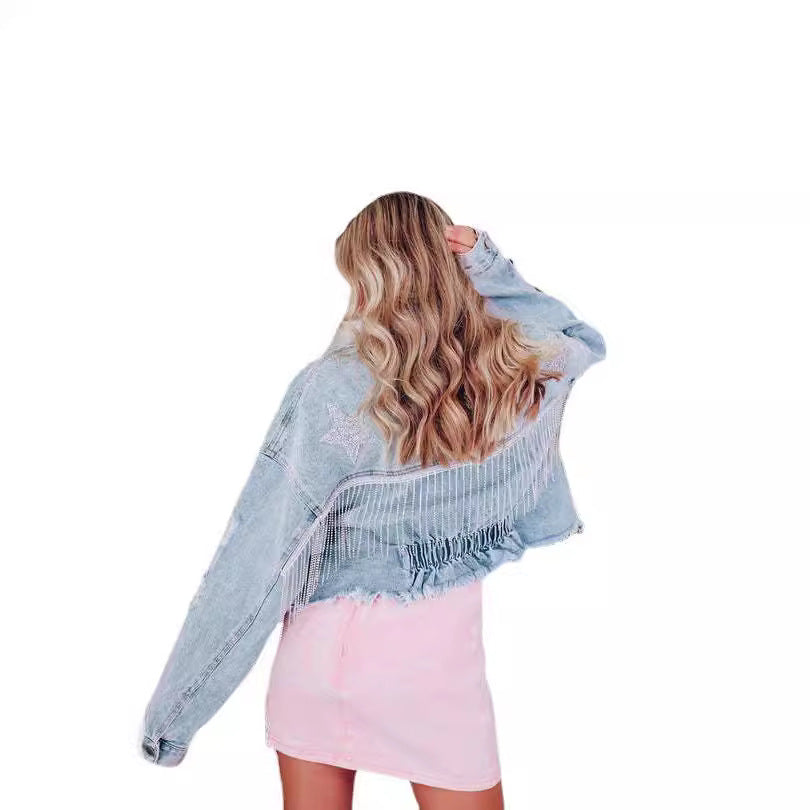 Women's Elegant Tassel Frayed Hem Denim Jackets