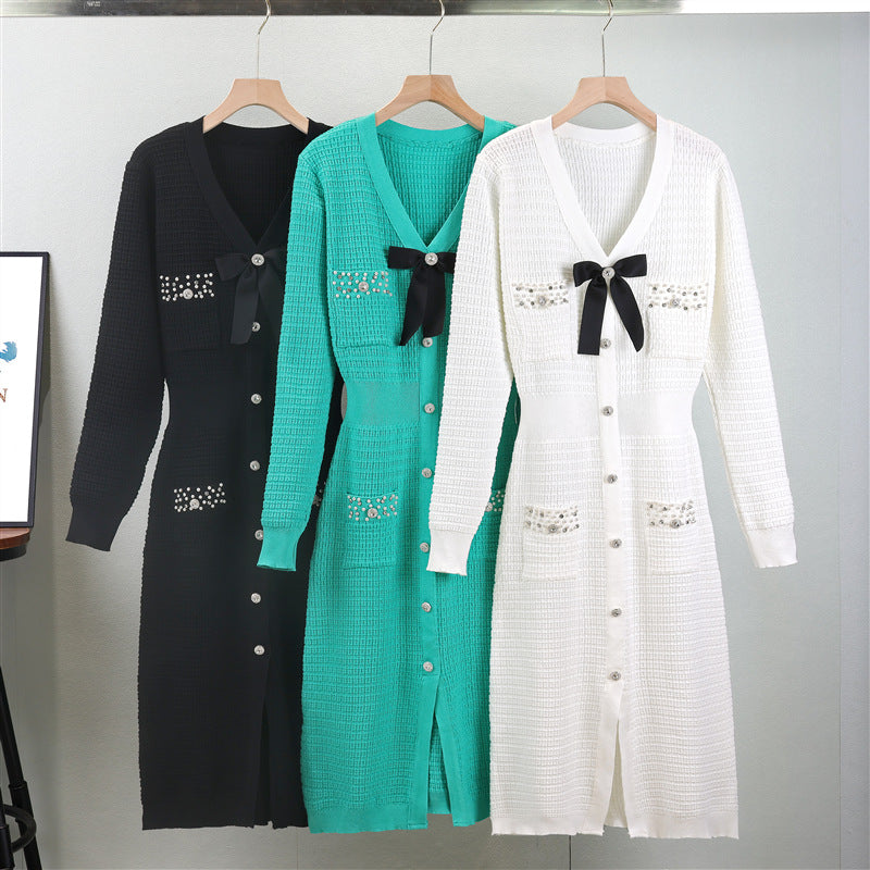 Style Temperament Bow Slimming Fashion Single-breasted Dress