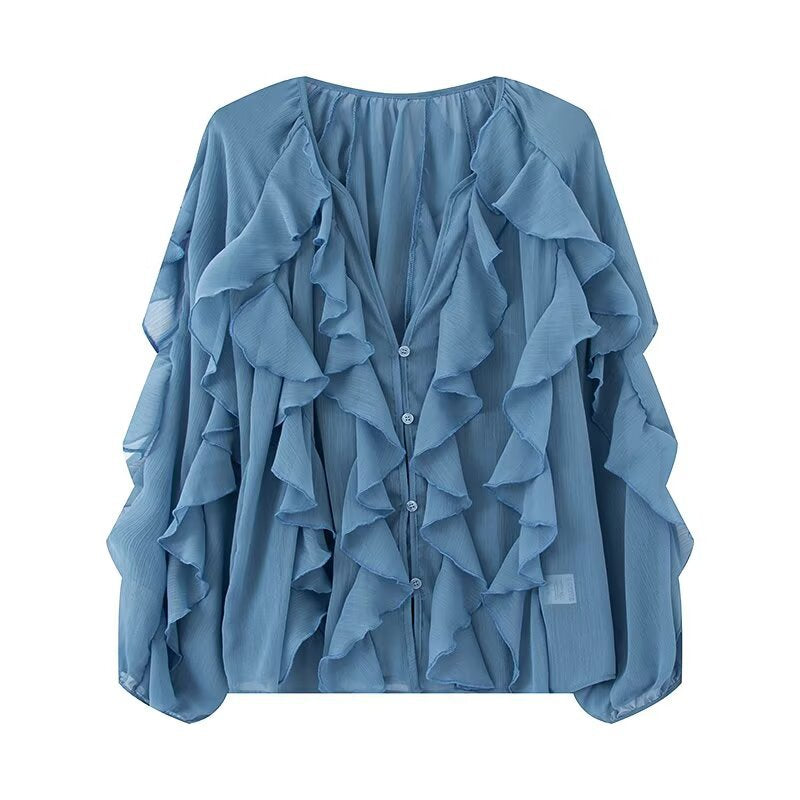 Women's Summer Fashion Laminated Ruffled Pleated Shirt Blouses