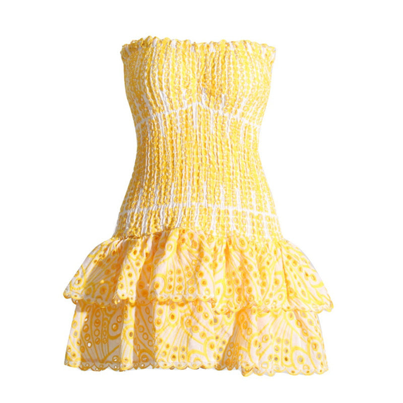 Bandeau Hollow Embroidered Cotton Stretch Waist Dresses