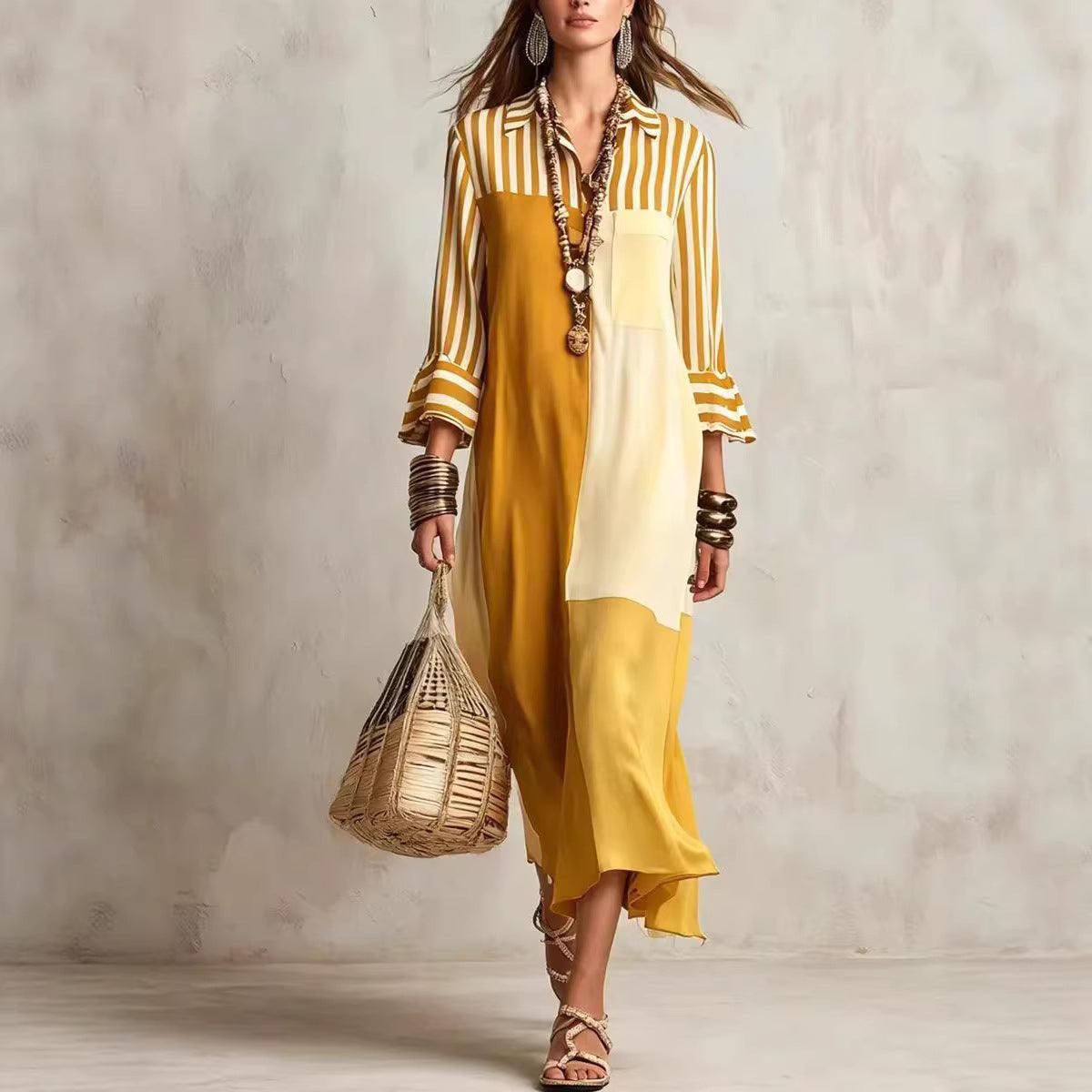 Fashion Elegant Graceful Striped Cropped Sleeve Dress