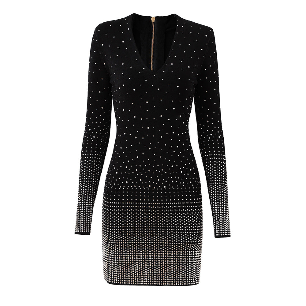 Lady Like Woman Hot Rhinestone Shiny Knitted Dresses