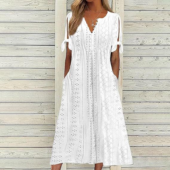 Women's Single Breasted Cuff Knotted Sleeve Eyelet Dresses