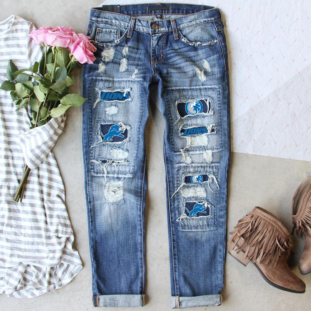 Women's Slouchy Fashion Printing Hole Straight Jeans