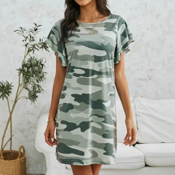 Women's Loose Camouflage Summer Short-sleeved Round Neck Dress