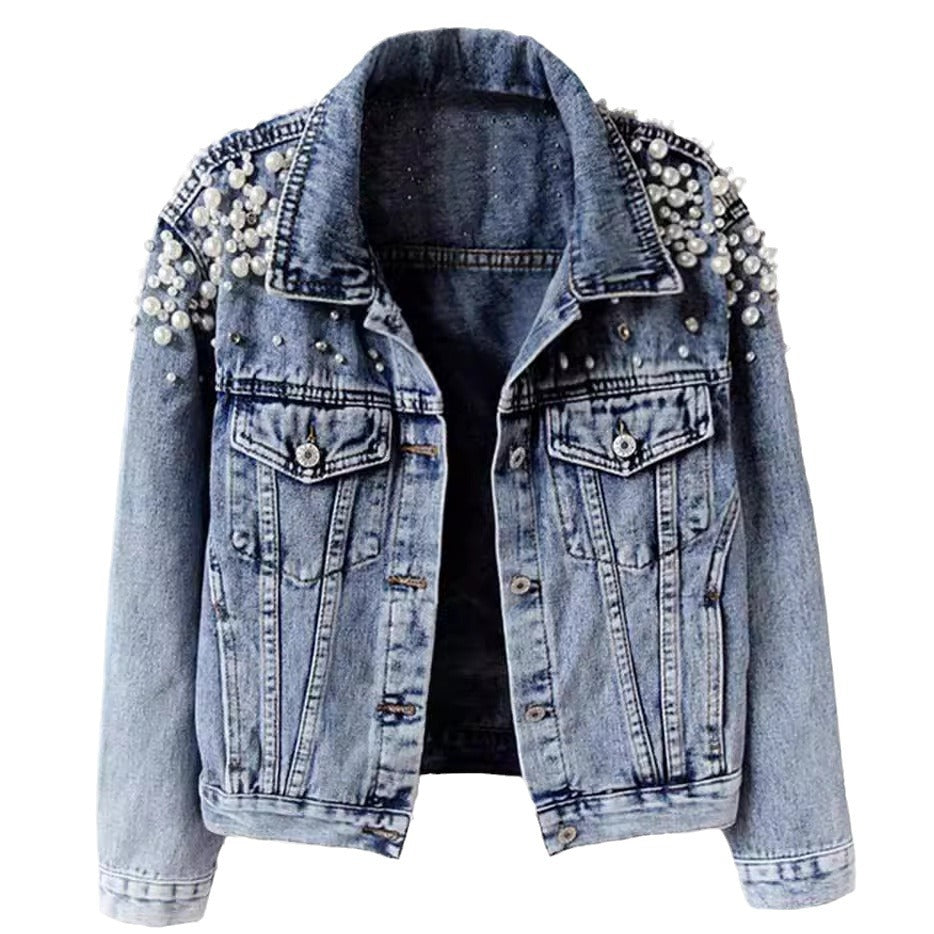 Women's Beaded Denim Long Sleeve Fashion Coats