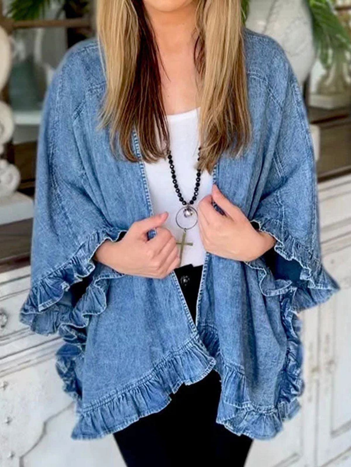 Women's Denim Fashion Ruffles Versatile Mid-length Sleeve Jackets