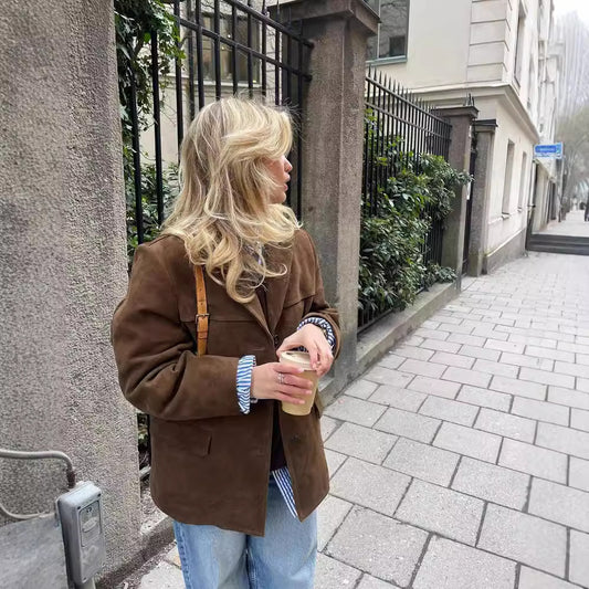 Classy Red Suede Retro Loose Lapels Jackets