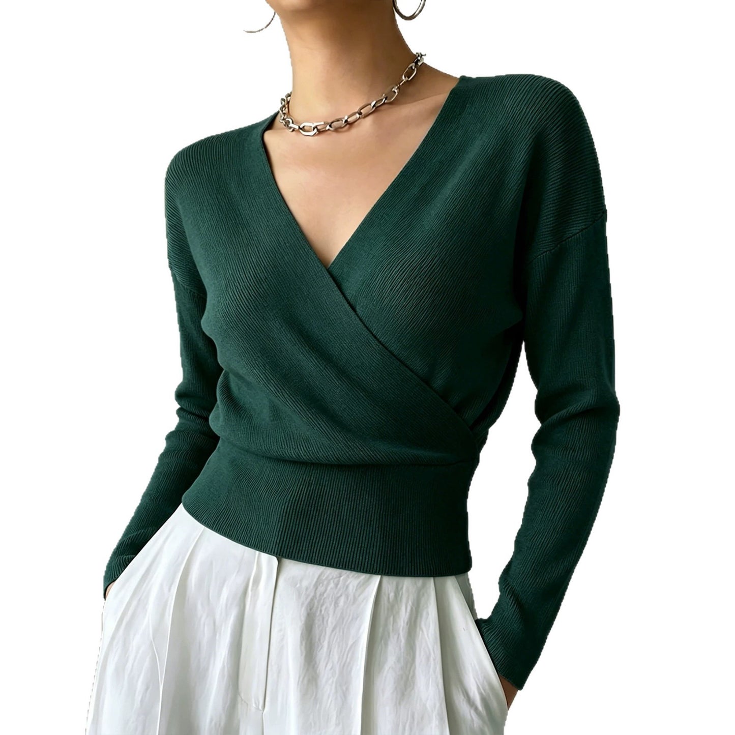 Women's Sleeve Solid Color Fashion Cross Collar Tight Waist Women's Sweater