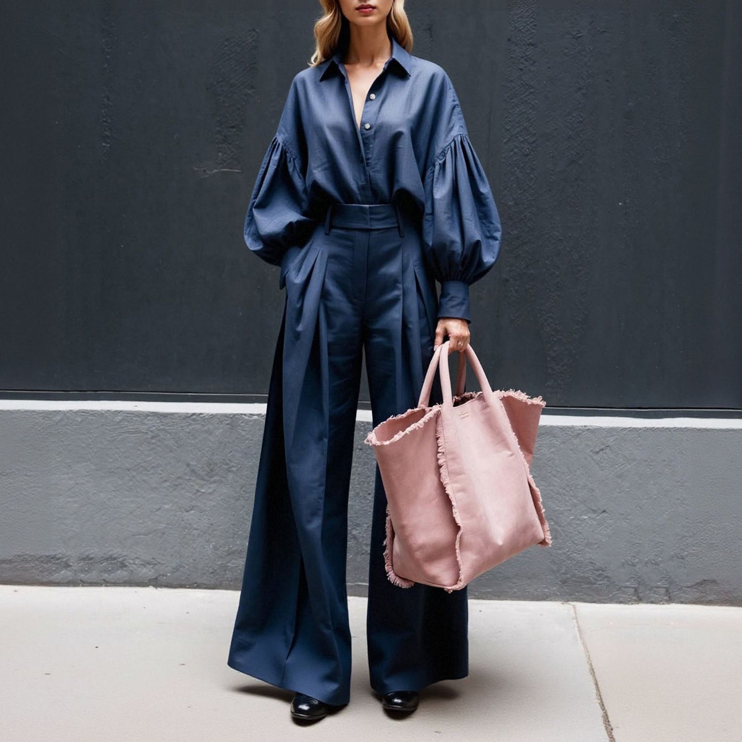 Solid Color Long Sleeve Shirt Wide Leg Cotton Fashion Casual Suit