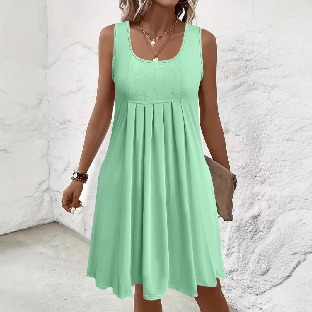 Women's Large Summer Solid Color Pleated Design Casual Sleeveless Dress