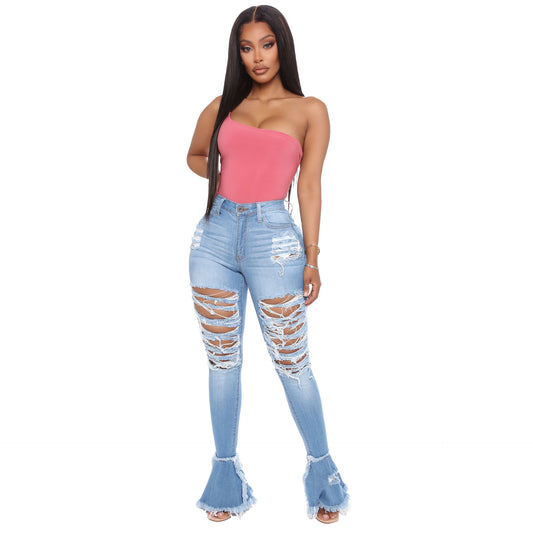 Fashion Water Washed Hole Trendy Patchwork Jeans