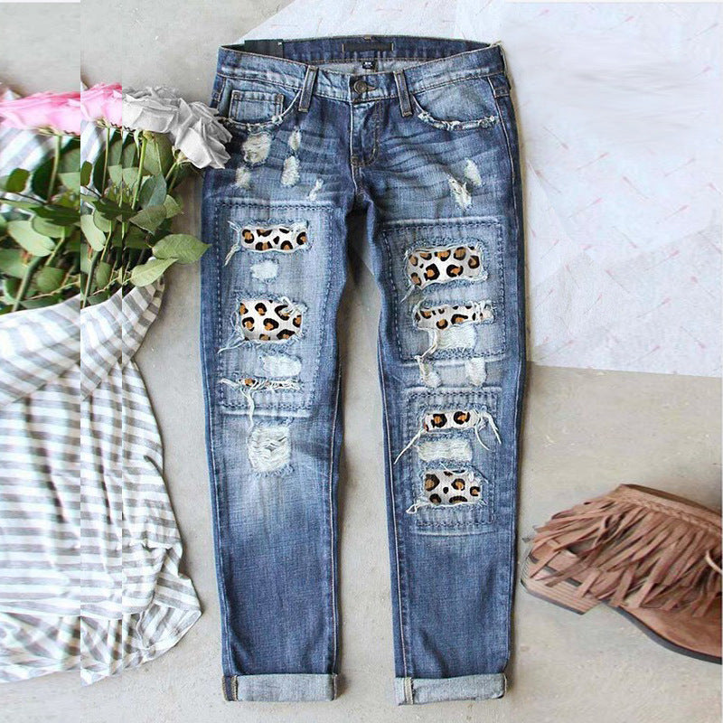 Women's Fashion Red Ripped Plaid Trousers Jeans
