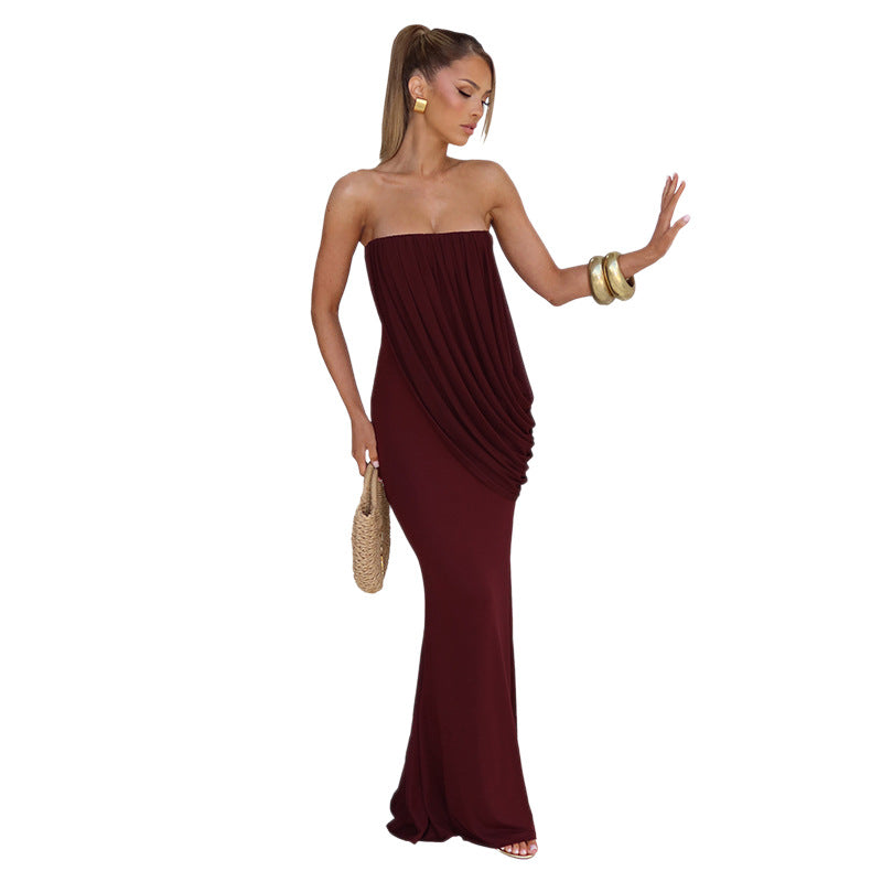 Women's Summer Elegant Pure Color Pleated Mesh Stitching Hip Dress