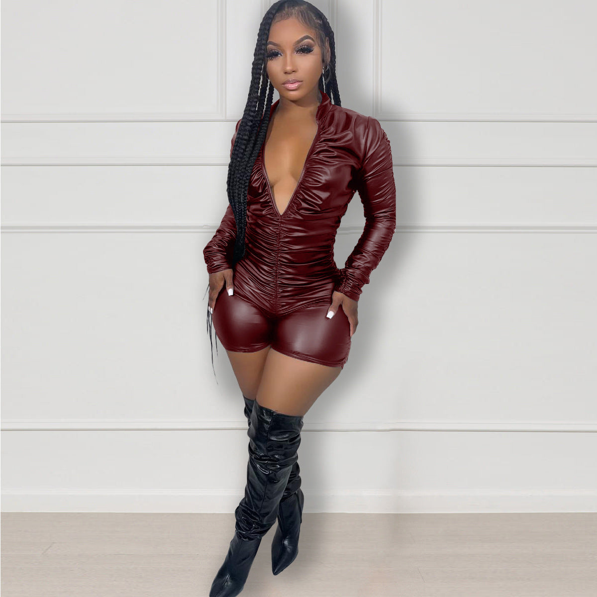 Women's Solid Color Pleated High Elastic Leather Jumpsuits