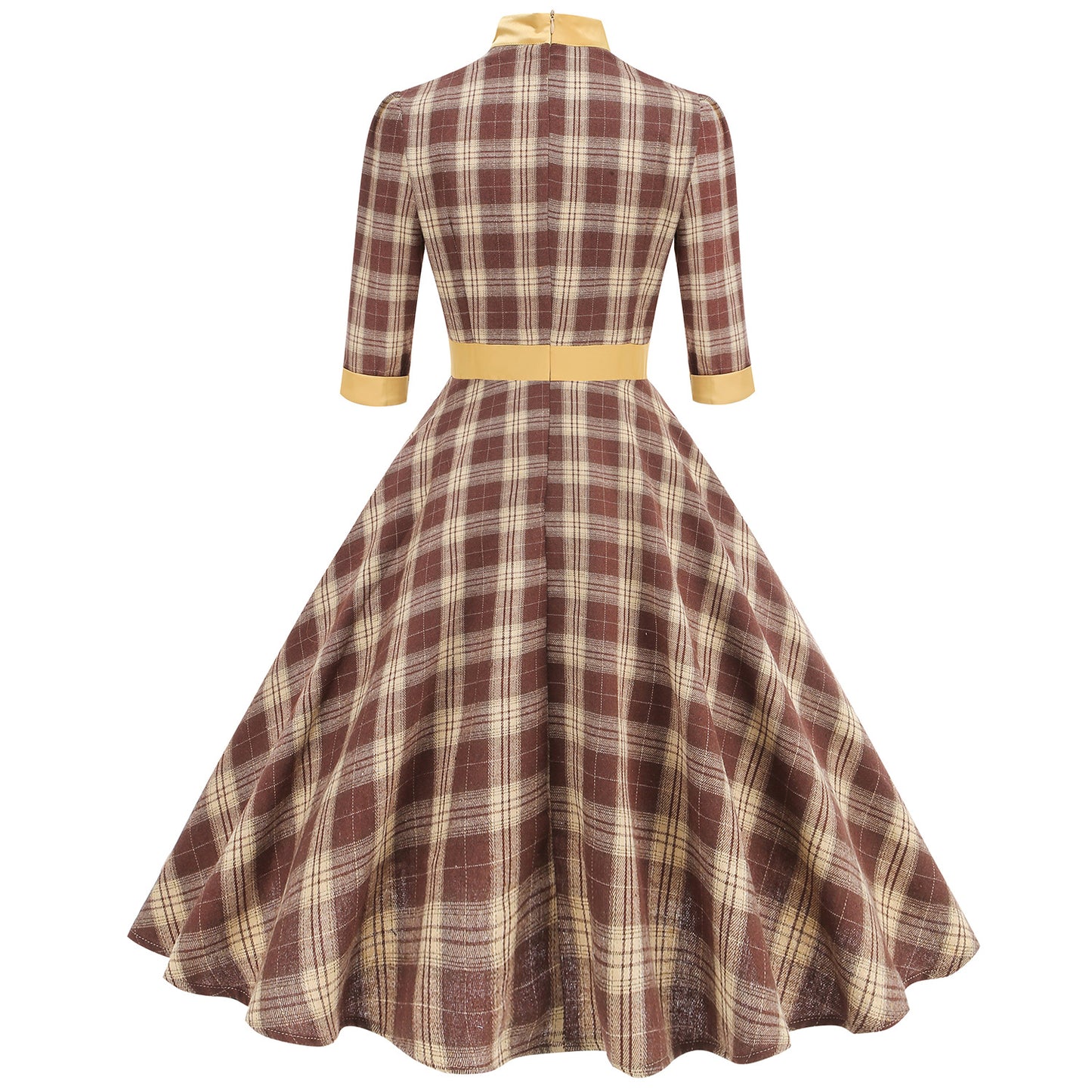 Plaid Turtleneck Three-quarter Sleeve Bow Tie Hepburn Style Retro High Dress
