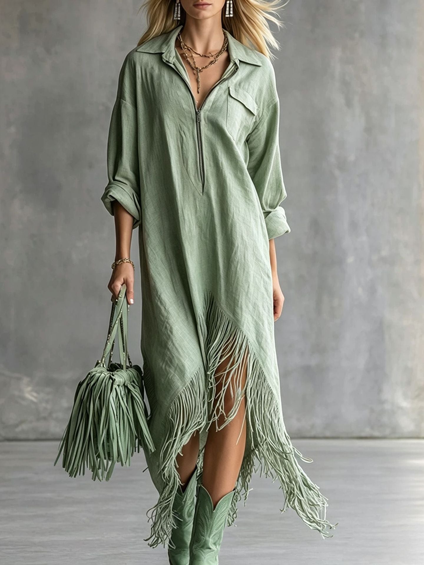Autumn Elegance Retro Loose Irregular Fringed Dress