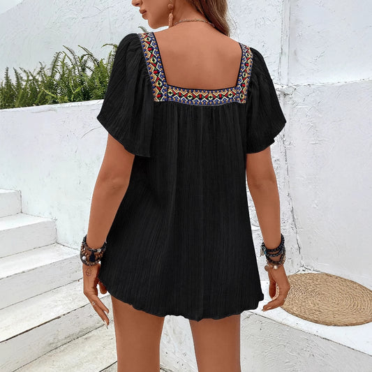 Women's Fashion Summer Square Collar Embroidered Irregular Blouses