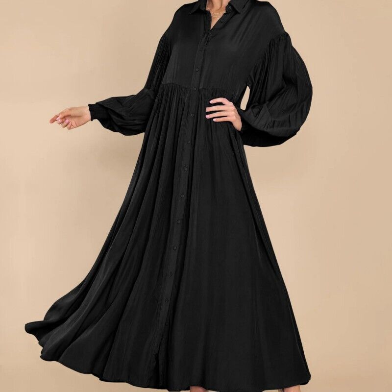 Women's Color Buttons Lapel Pleated Long Sleeve Dresses