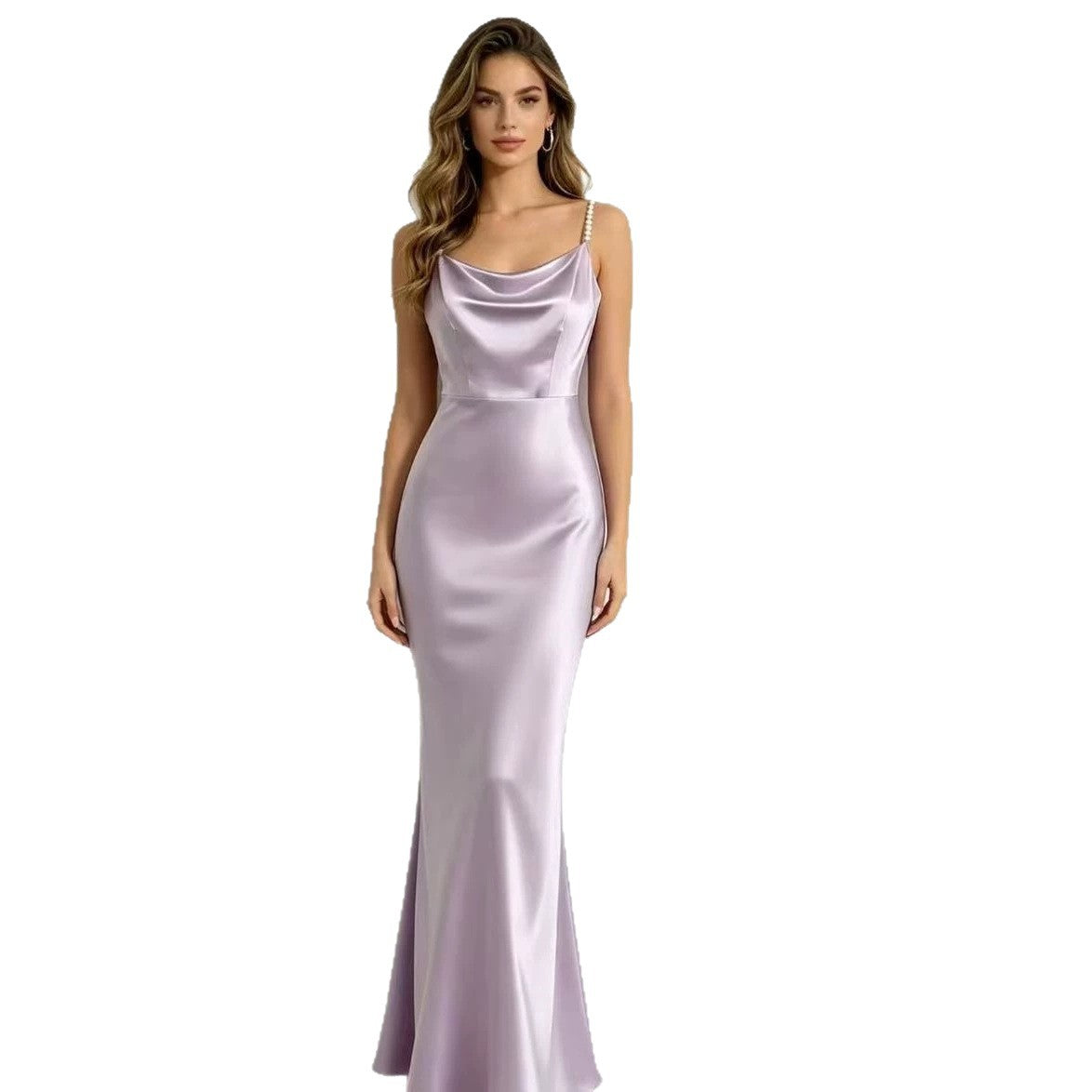 Satin Handmade Pearl Spaghetti Strap Slimming Fishtail Dress