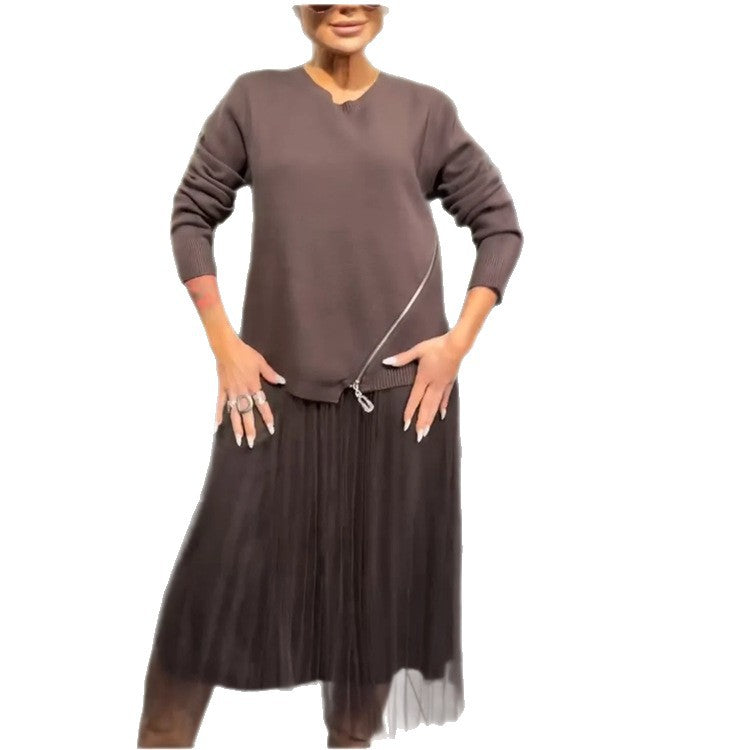 Women's Neck Knitting Needle Stitching Mesh Dress Dresses