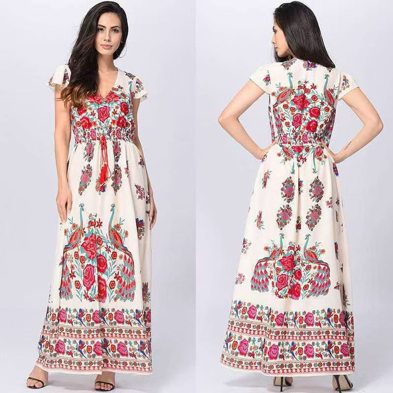 Bohemian Peacock Positioning Print Retro Design Dress
