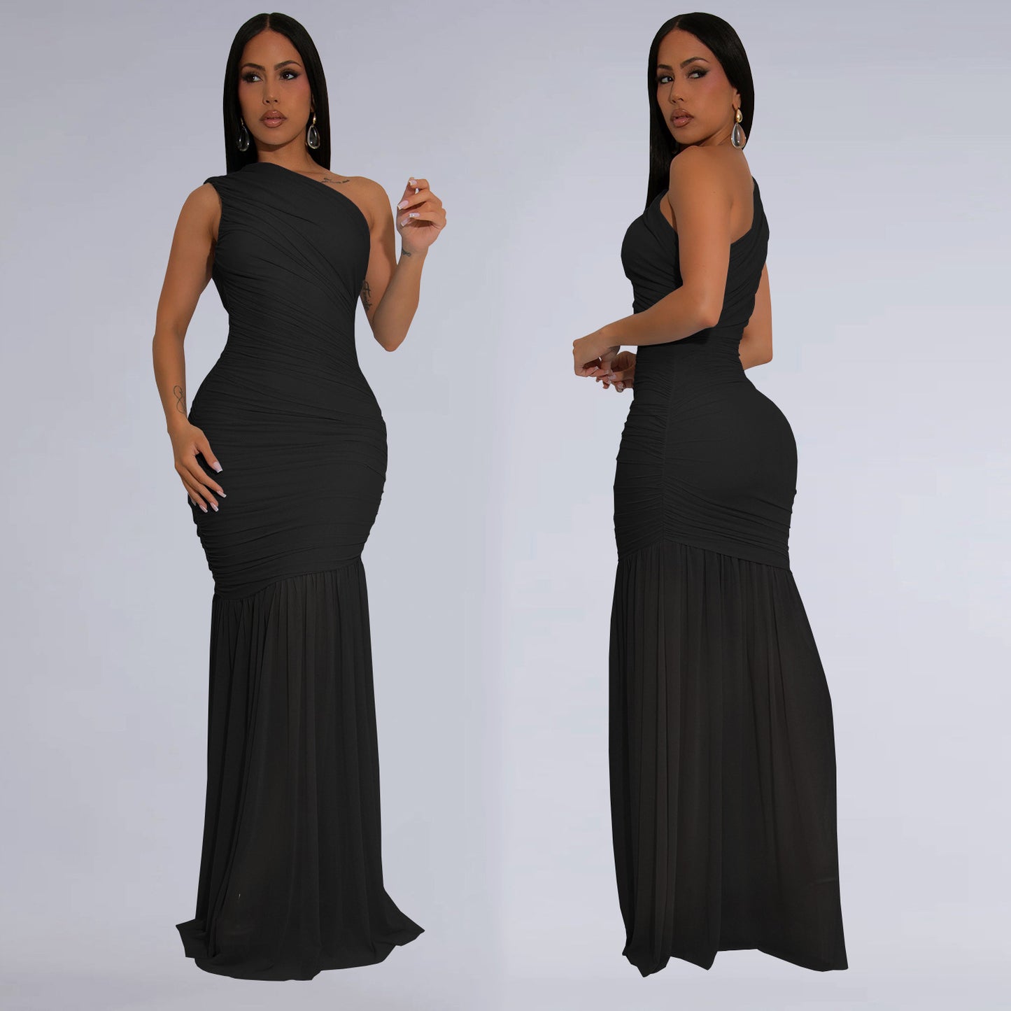 Women's Temperament Oblique Shoulder Sexy Solid Color Dresses