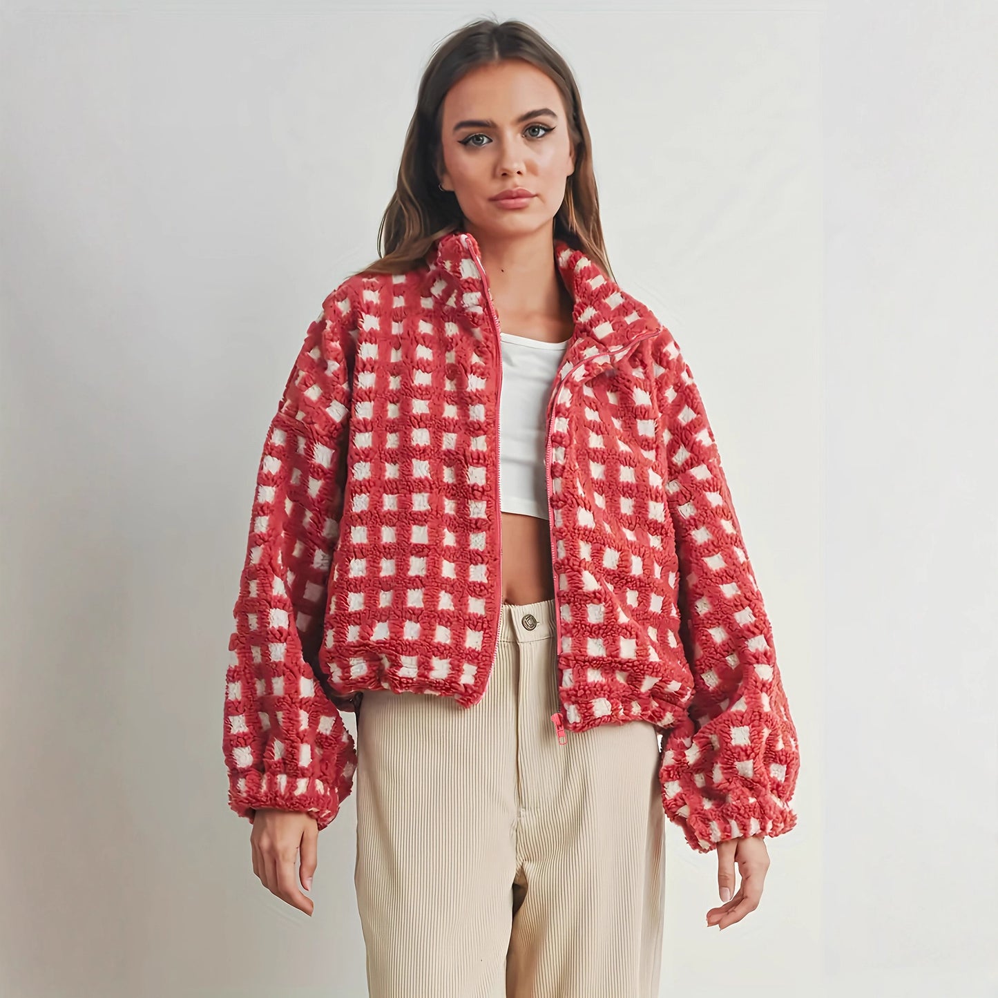 Women's Fashion Design Plush Red Plaid For Coats