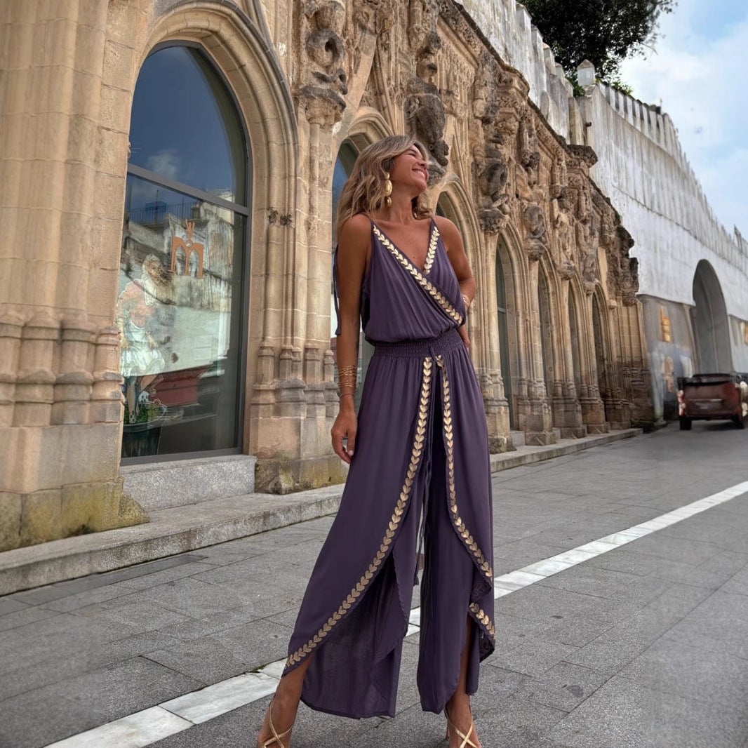 Golden Ribbon Trim Tight Waist Loose Jumpsuits