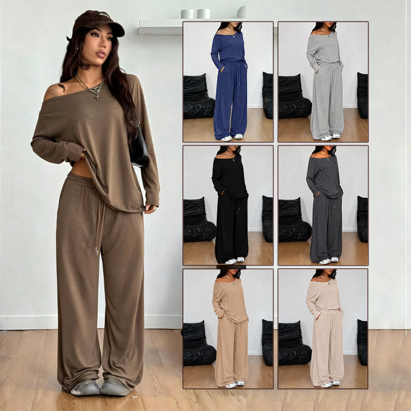 Women's Diagonal Collar Wide Leg Solid Color Fashion Casual Suit