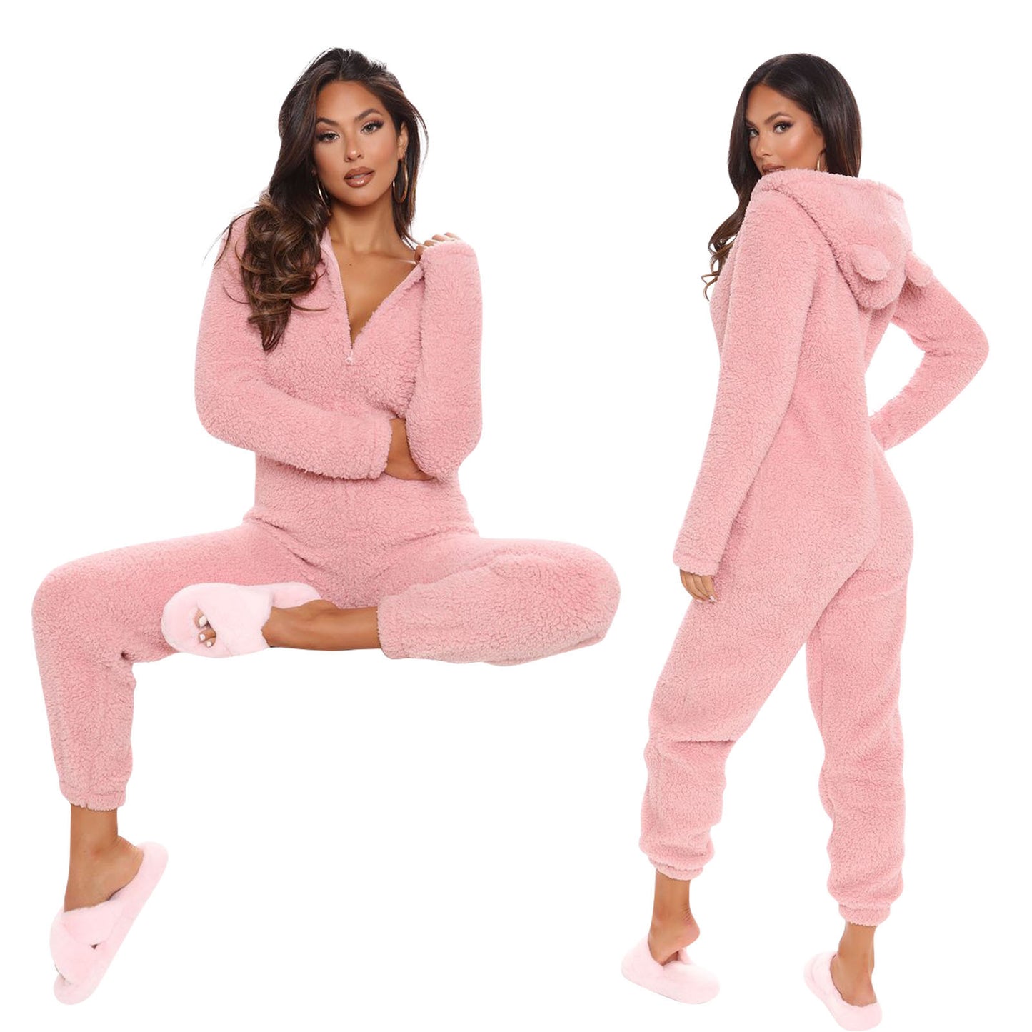 Long Sleeve Hooded Casual Trousers Plush Jumpsuits