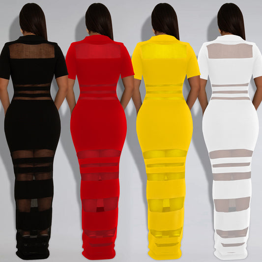 Women's Wear Sexy Mesh Splicing Package Arm Dresses