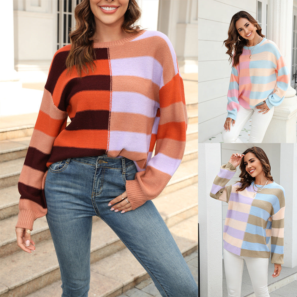 Women's Patchwork Stripes Contrast Color Round Neck Sweater