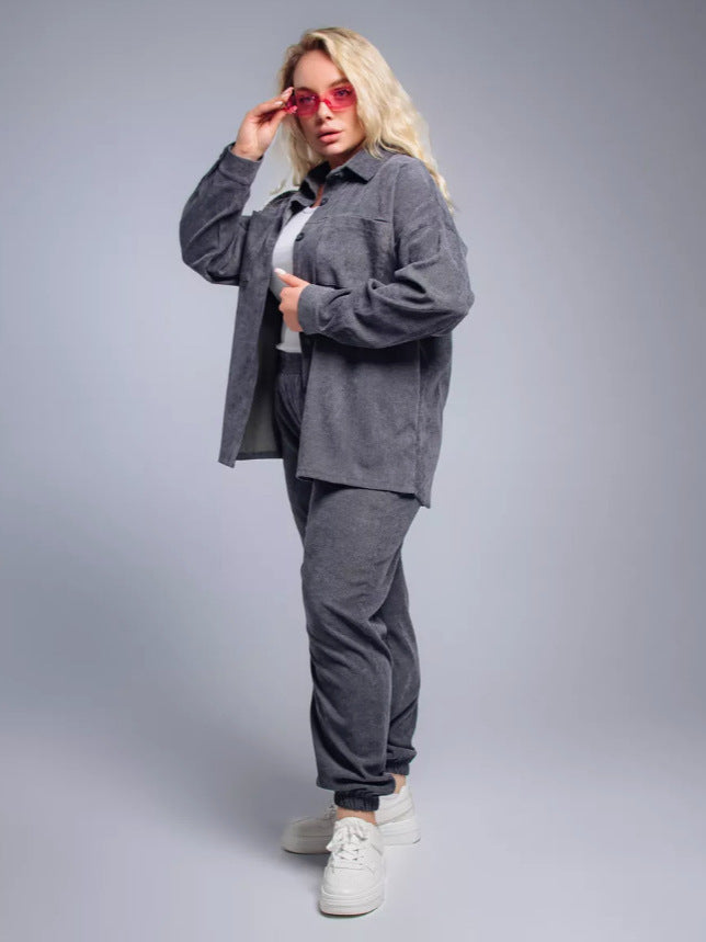 Women's Retro Lapel Shirt Outfit Loose Corduroy Trousers Fashion Casual Suit