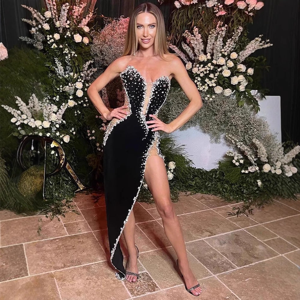 Luxury Rhinestone Beaded Sexy High Split Tube Dresses